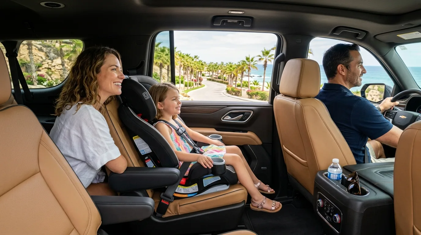 Comfortable interior of a luxury private transfer vehicle in Cabo, with passengers enjoying the spacious ride.