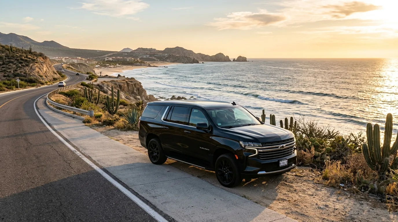 Sleek luxury SUV parked along the scenic Los Cabos coastal highway with ocean view