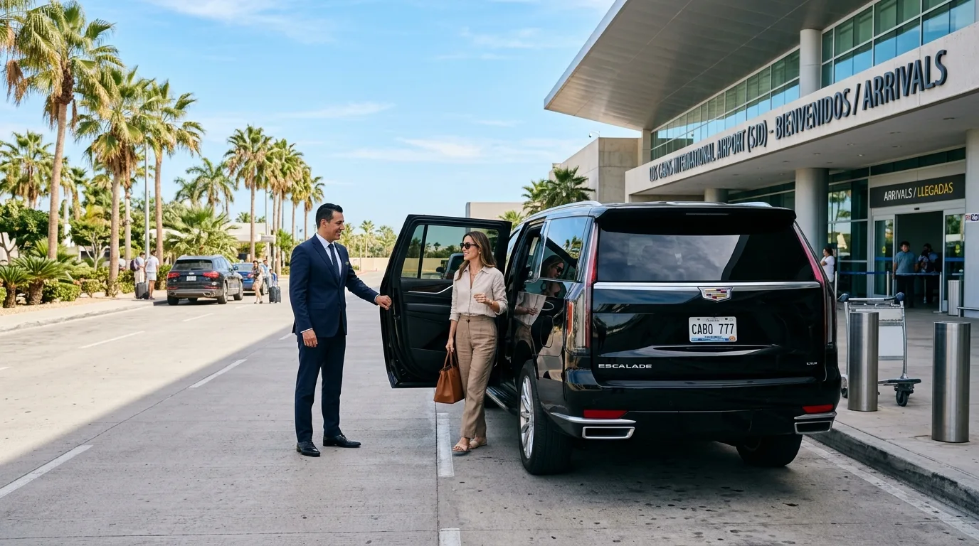 Professional chauffeur holding open vehicle door at SJD airport terminal entrance