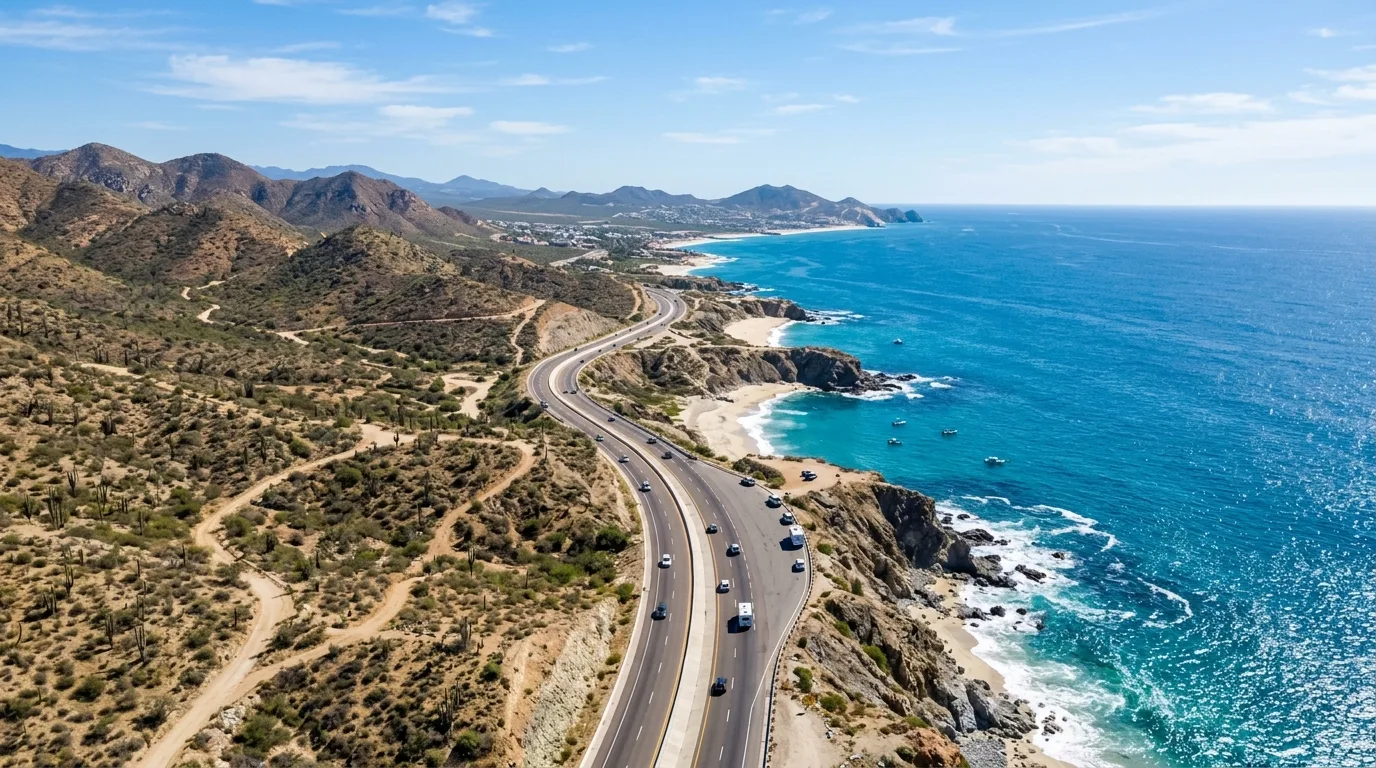 Aerial highway road leading toward Los Cabos resort zones along the ocean landscape