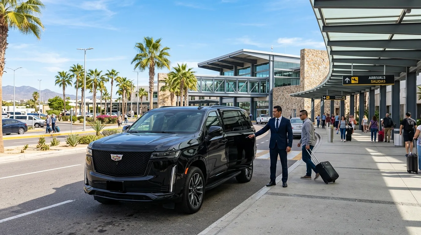 Luxury Cadillac Escalade SUV parked outside SJD airport terminal ready for private airport transfer in Los Cabos