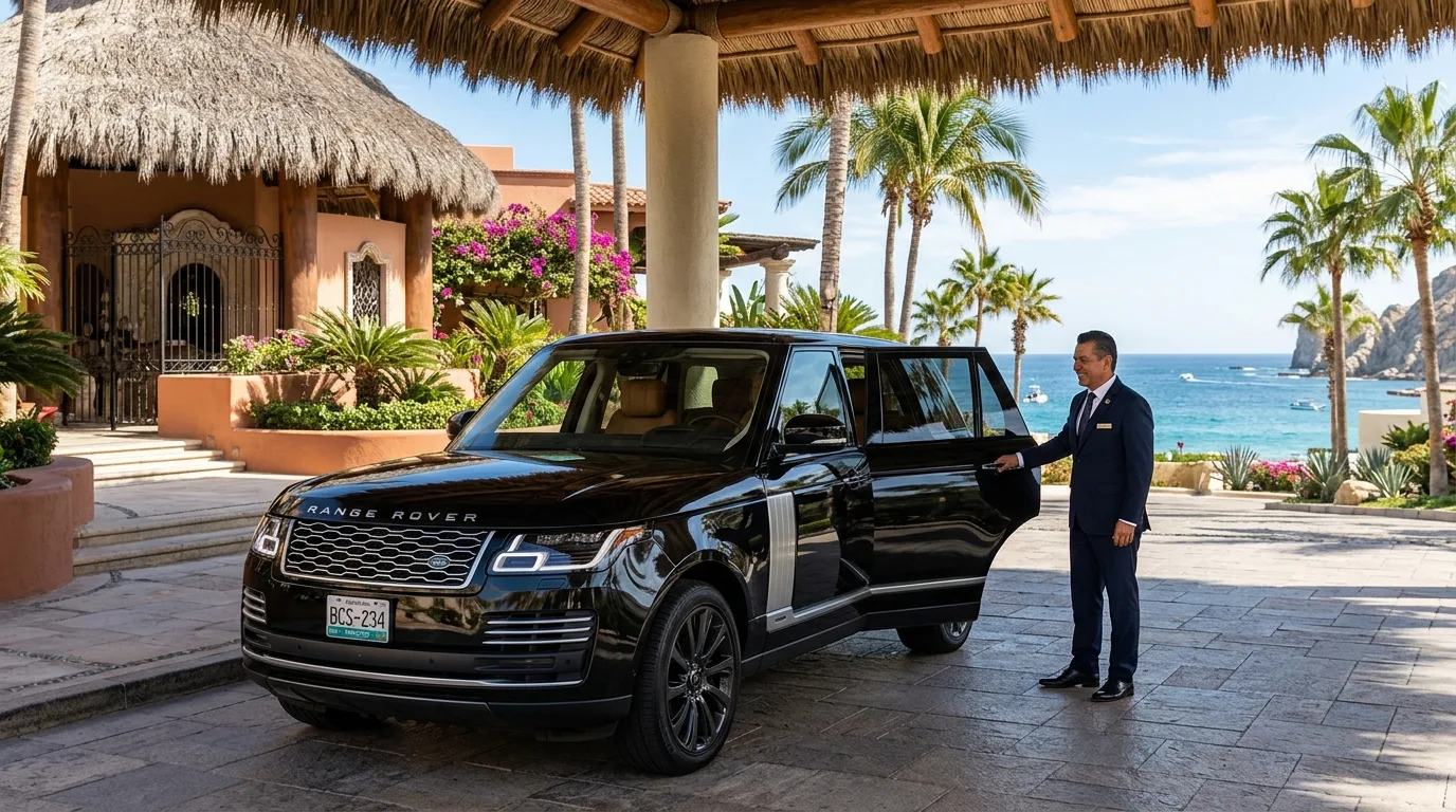Professional chauffeur opening the door of a luxury SUV at a resort in Cabo San Lucas