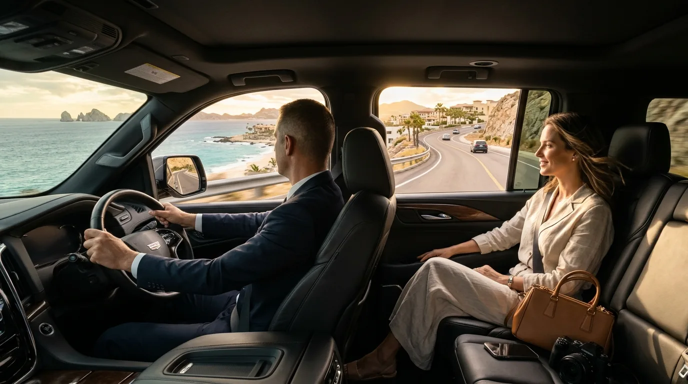 Interior view of a luxury private transport vehicle overlooking the ocean in Cabo San Lucas