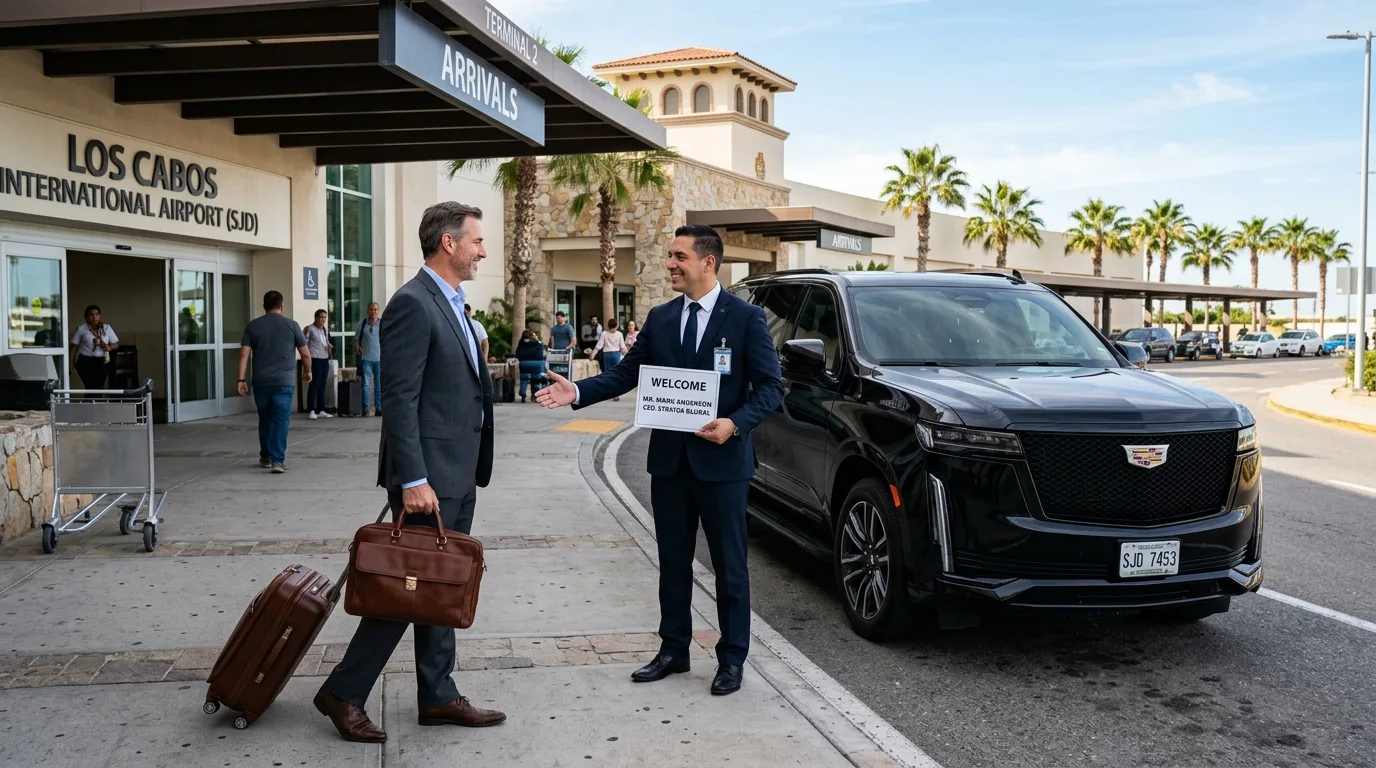 Executive greeting a business traveler for corporate airport transfers in Cabo outside SJD airport terminal