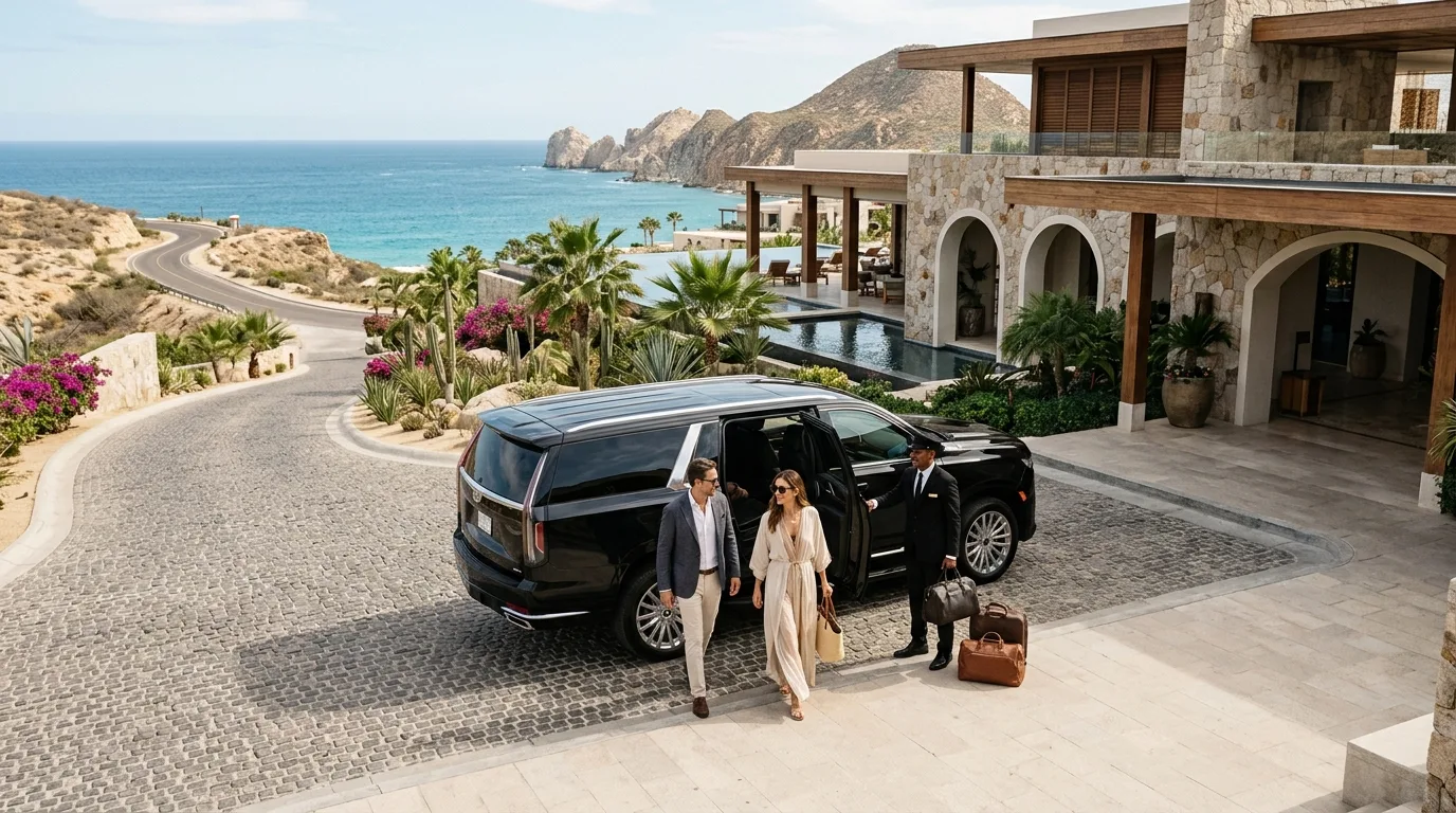 Executive Sprinter van awaiting corporate retreat group outside a luxury resort in Los Cabos