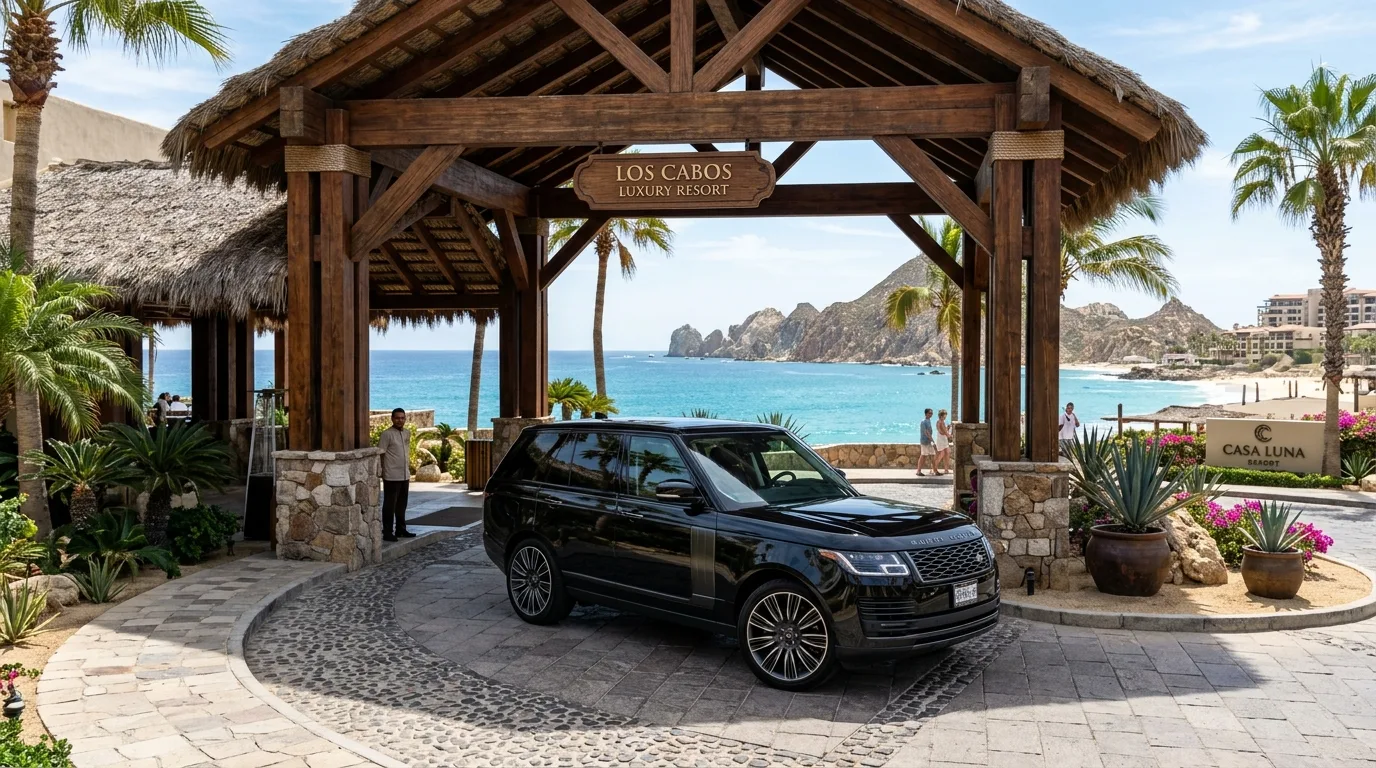 Luxury executive SUV parked at a modern five-star resort entrance in Los Cabos