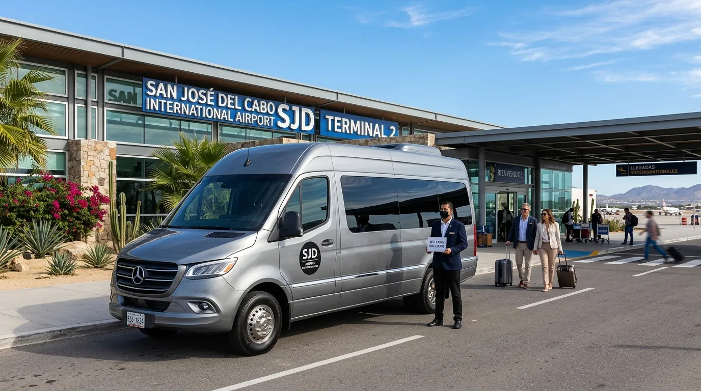 SJD Airport Corporate Group Vans Executive passenger van stationed outside the terminal at Los Cabos International Airport SJD