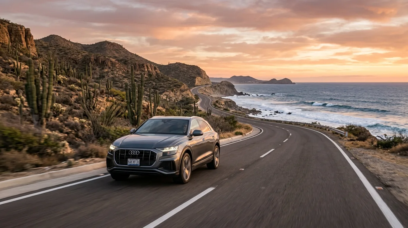A sleek modern SUV driving along the scenic Highway 1 Tourist Corridor in Los Cabos at sunset.