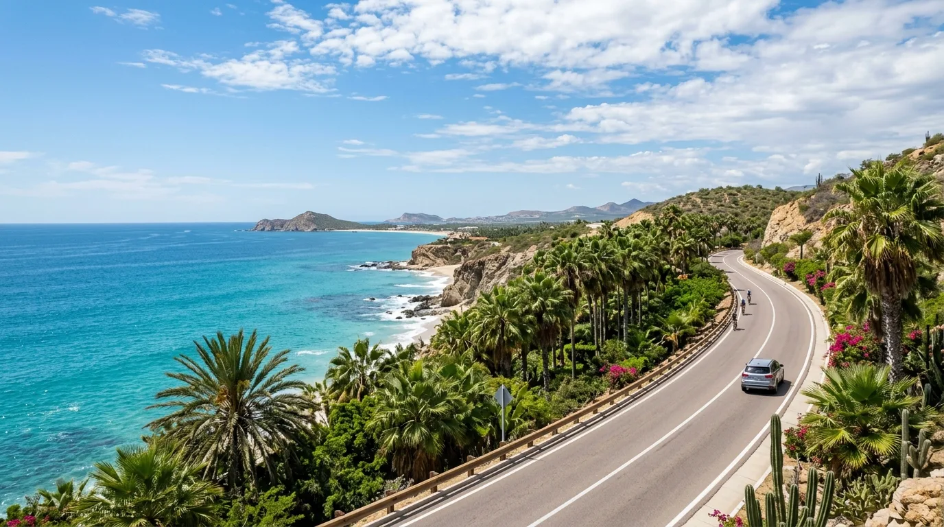 A clean paved coastal road lined with palm trees near San José del Cabo with turquoise water views.