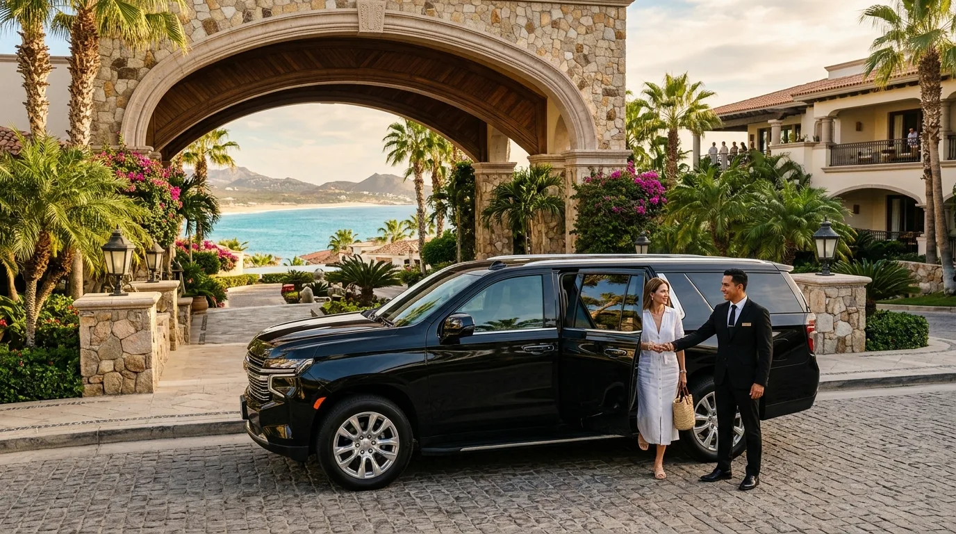 Luxury private SUV arrival service at a luxury beachfront resort in Cabo San Lucas.
