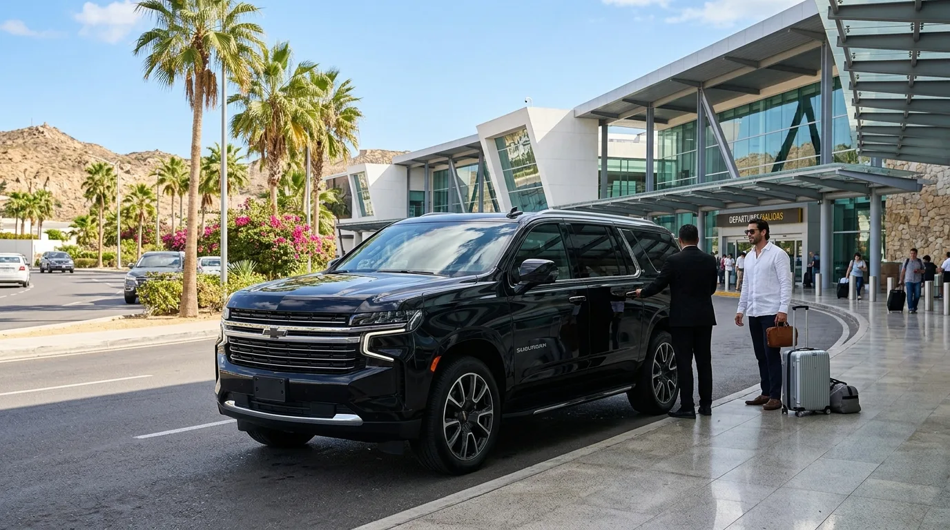 Executive luxury SUV parked outside SJD airport terminal in Los Cabos under clear blue skies.