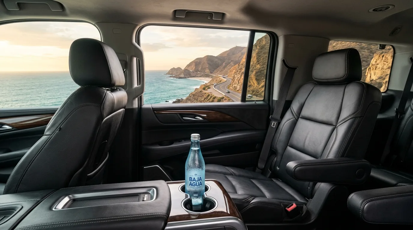 Interior view of a luxury SUV passenger cabin showcasing premium leather seats on the Cabo highway.