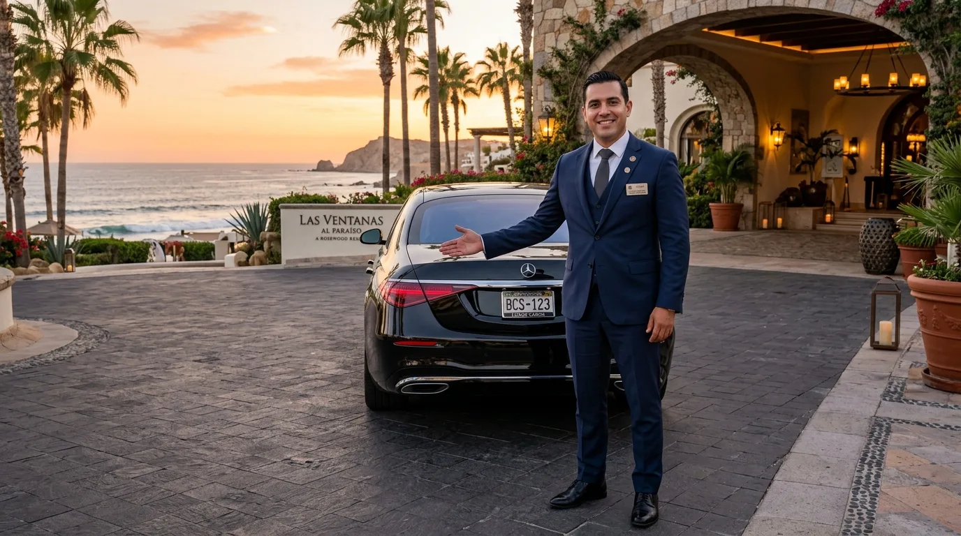Professional chauffeur standing beside executive vehicle at a luxury resort entrance in Los Cabos.