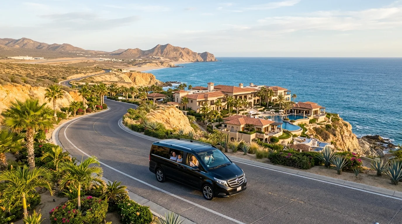Interior of private vehicle equipped with child safety seat and booster seat for family transfer in Los Cabos