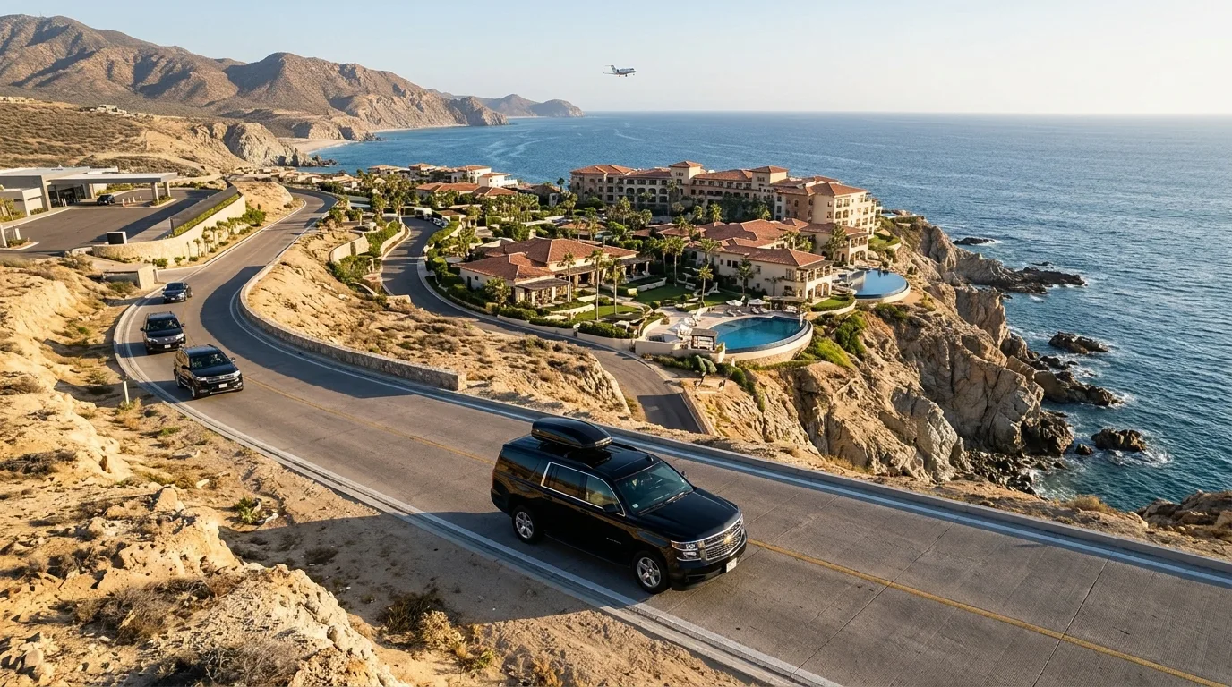 A modern vehicle interior equipped with a secure child safety seat for private family transportation in Cabo.