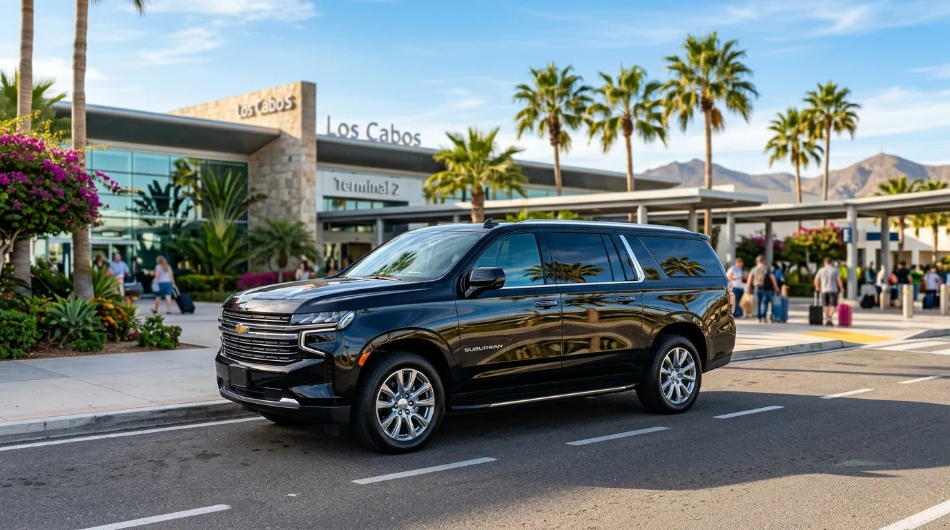 Luxury full-size SUV parked outside Los Cabos Airport ready for family airport transportation.