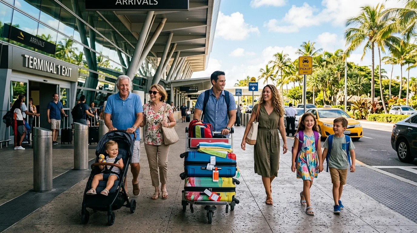 Family Arriving at SJD International Airport A family with suitcases and a stroller exiting the airport terminal towards their private shuttle in Cabo.