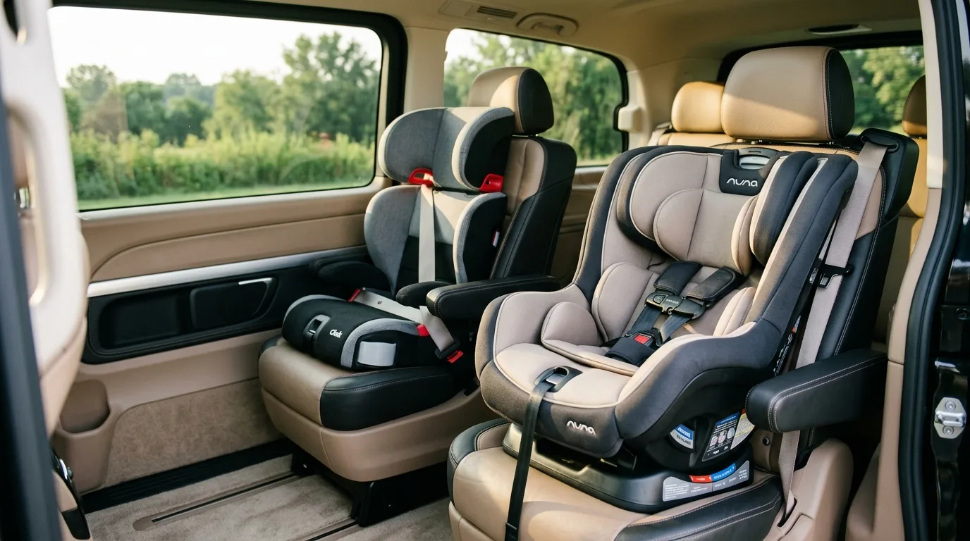 Child Safety Seats Pre-Installed in Shuttle Clean vehicle interior fitted with pre-installed child car seats and booster seats for safe travel.