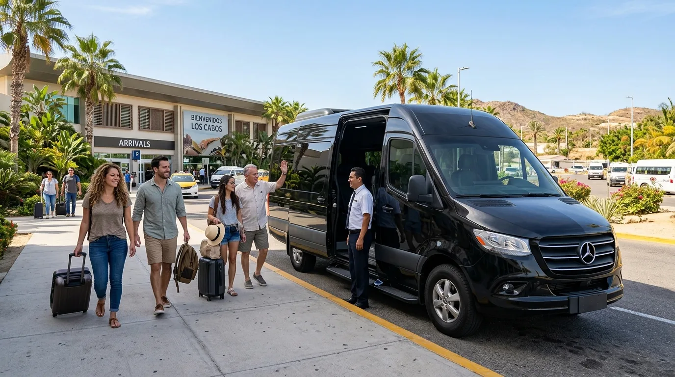 Luxury Sprinter van waiting for a group at SJD Airport in Los Cabos