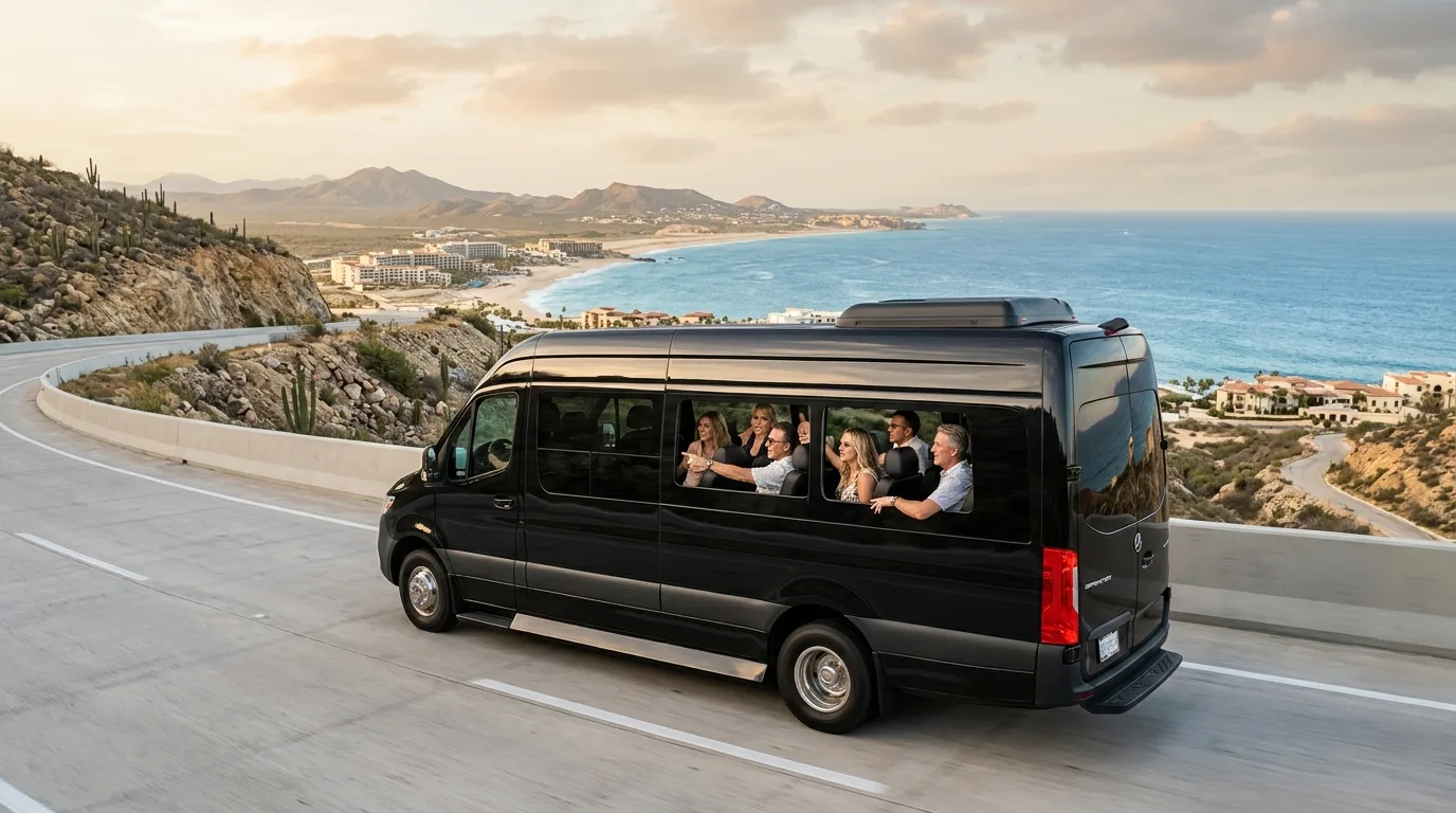Group of travelers enjoying a comfortable ride in a private van in Los Cabos