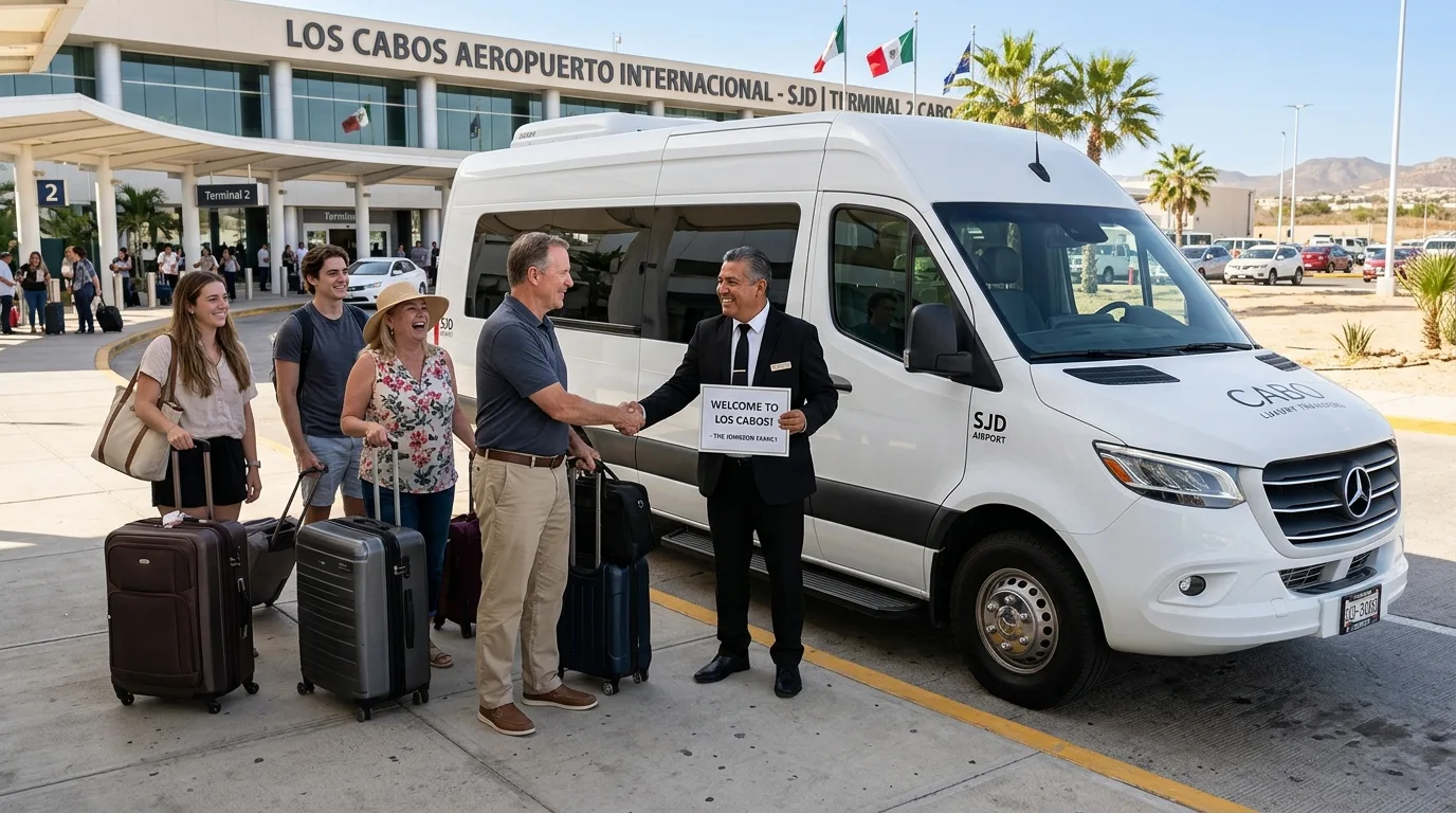 Private group passenger van parked outside SJD Airport terminal greeting arriving travelers in Los Cabos