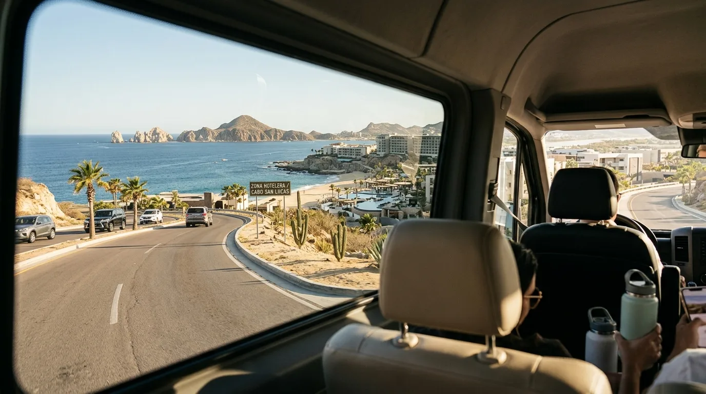 Choya Transportation group vehicle arriving at a coastal luxury resort drop-off in Los Cabos