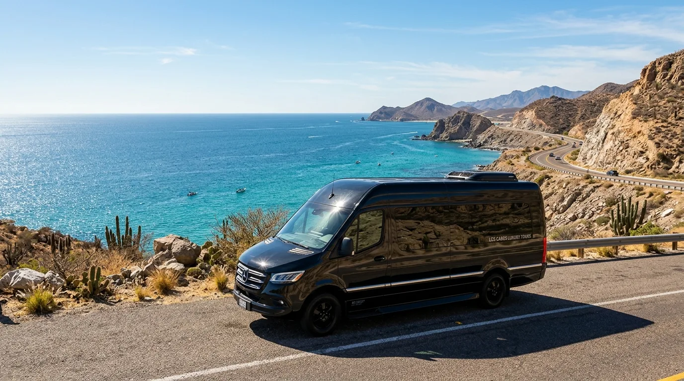 Luxury executive van on the scenic Los Cabos coastal highway with ocean view