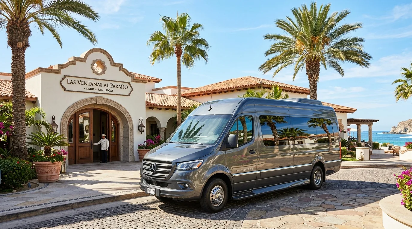Private Passenger Van at Los Cabos Luxury Resort High-roof executive passenger van parked outside a luxury resort entrance in Los Cabos