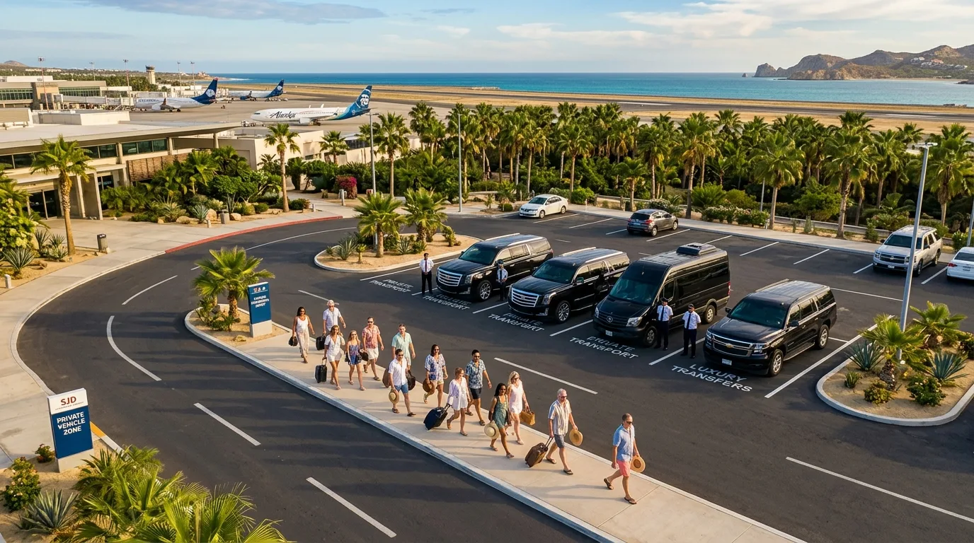 Group Arrival Logistics at SJD International Airport Travel group approaching private transportation vehicles at SJD Airport in Los Cabos