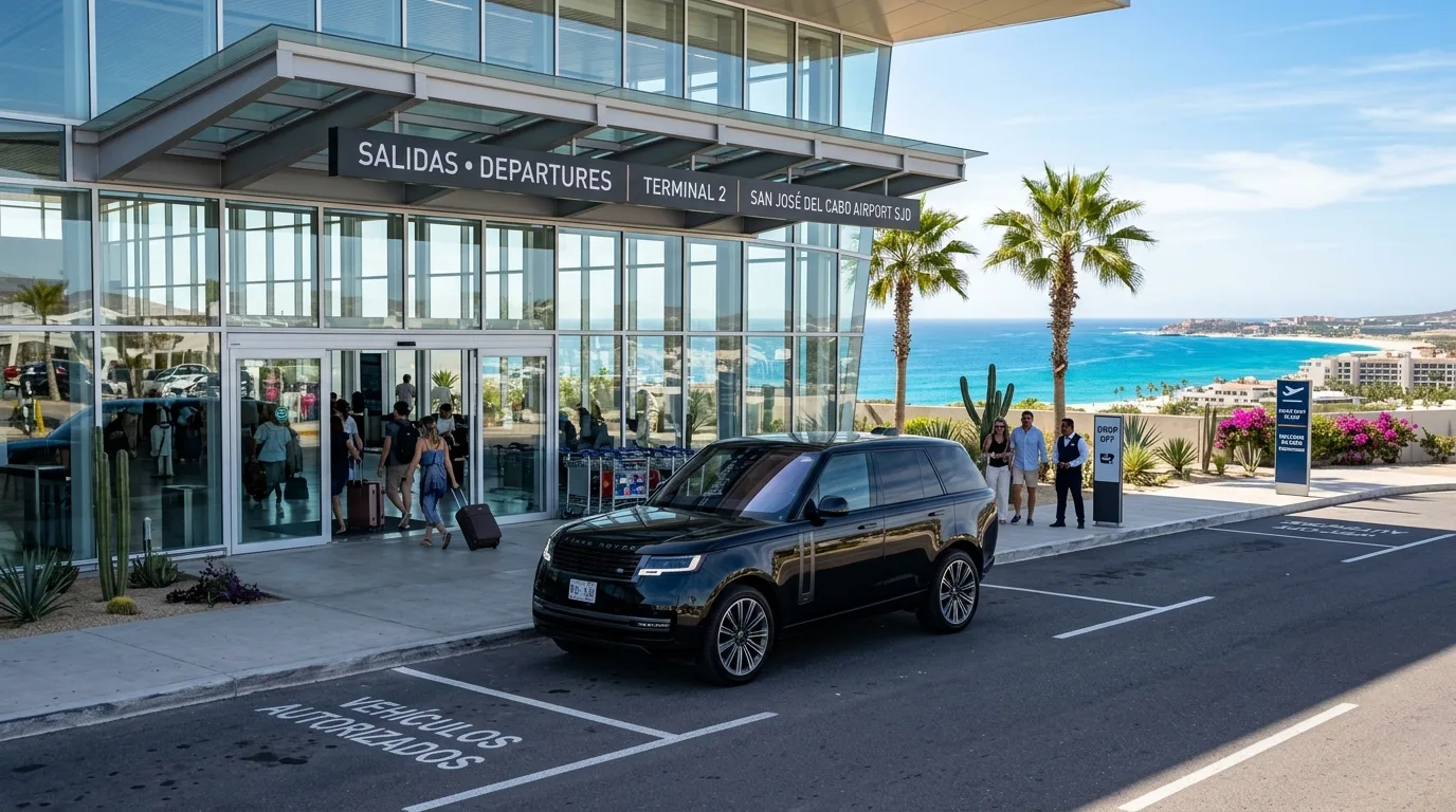 A luxury black SUV parked outside the SJD airport terminal in Los Cabos under sunny skies.