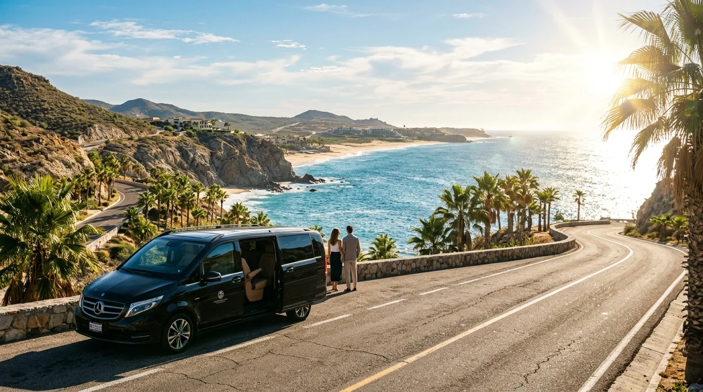 A premium private transfer vehicle parked along the coastal highway connecting San Jose del Cabo and Cabo San Lucas.