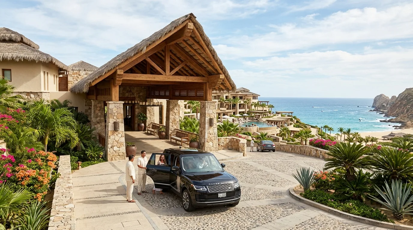 A luxury private vehicle pulling up to the main resort entryway in Cabo San Lucas.