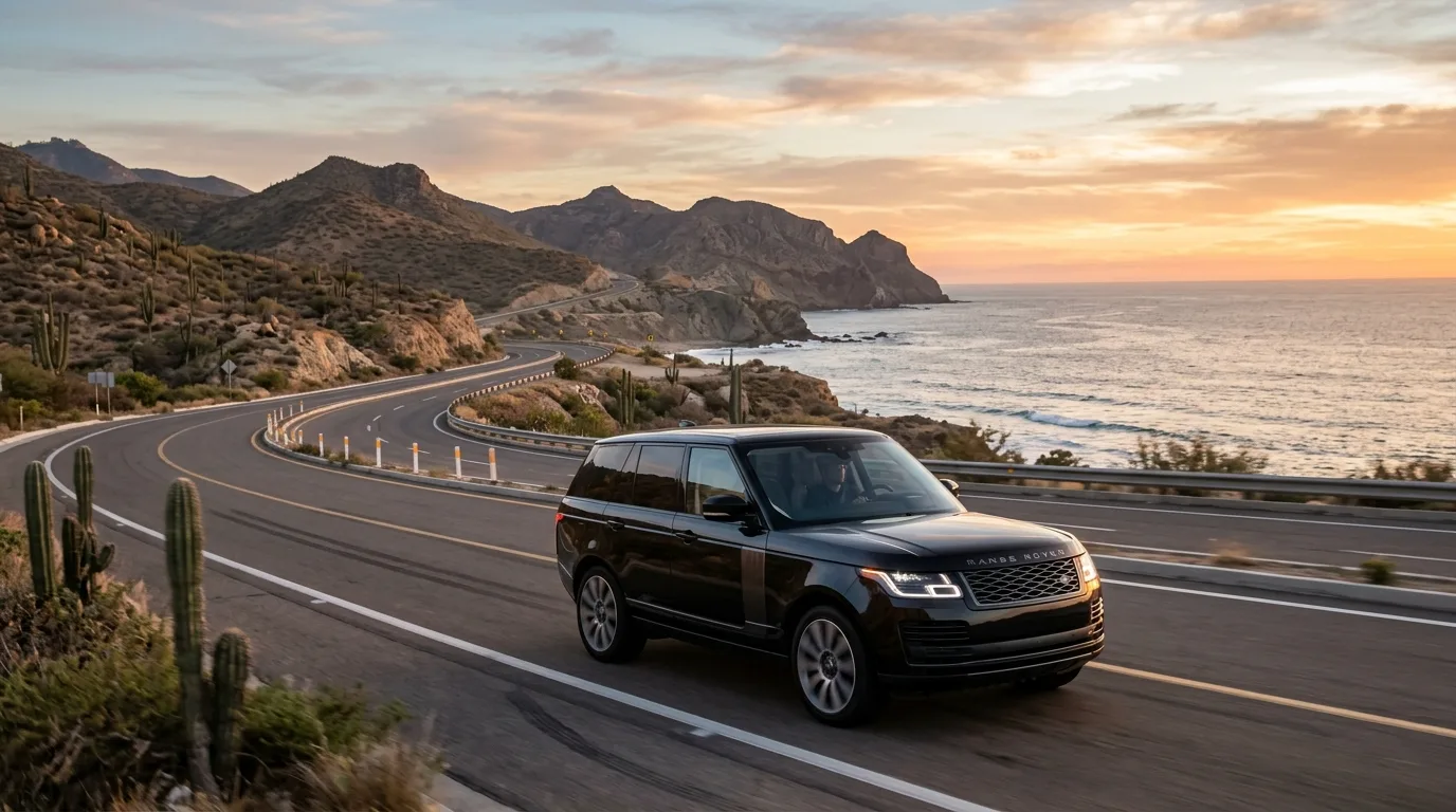 Luxury SUV driving on highway from Cabo resort to SJD airport during golden hour