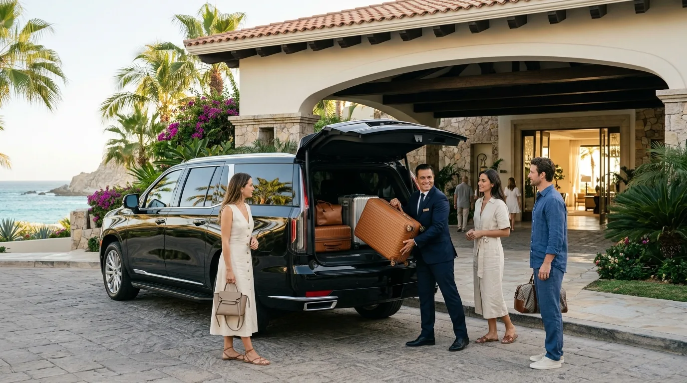 Chauffeur loading luggage into a modern executive SUV at a Cabo resort lobby entrance
