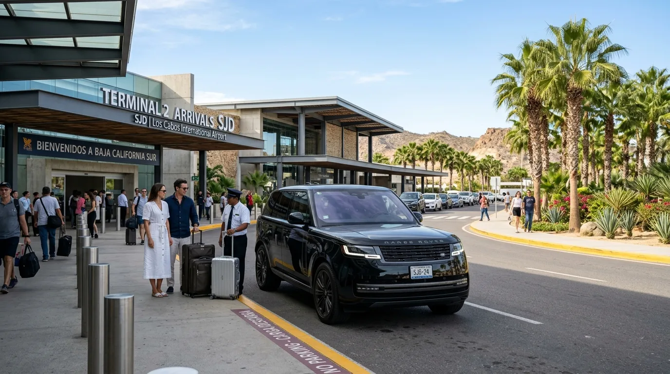 Luxury vehicle parked at San José del Cabo International Airport terminal pickup zone