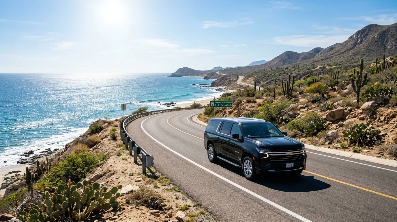 Private transfer vehicle driving along the scenic Los Cabos coastal highway