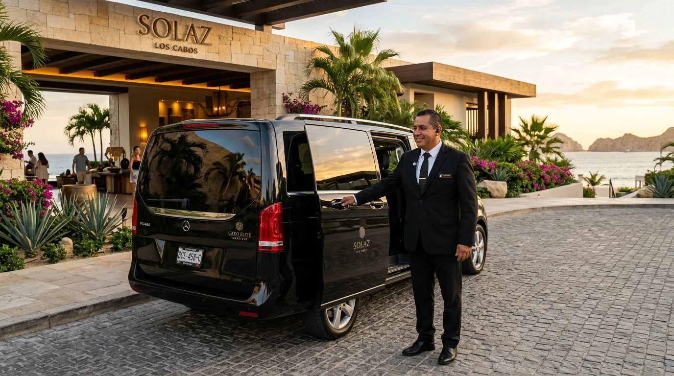 Professional chauffeur opening vehicle door at luxury Cabo San Lucas resort lobby