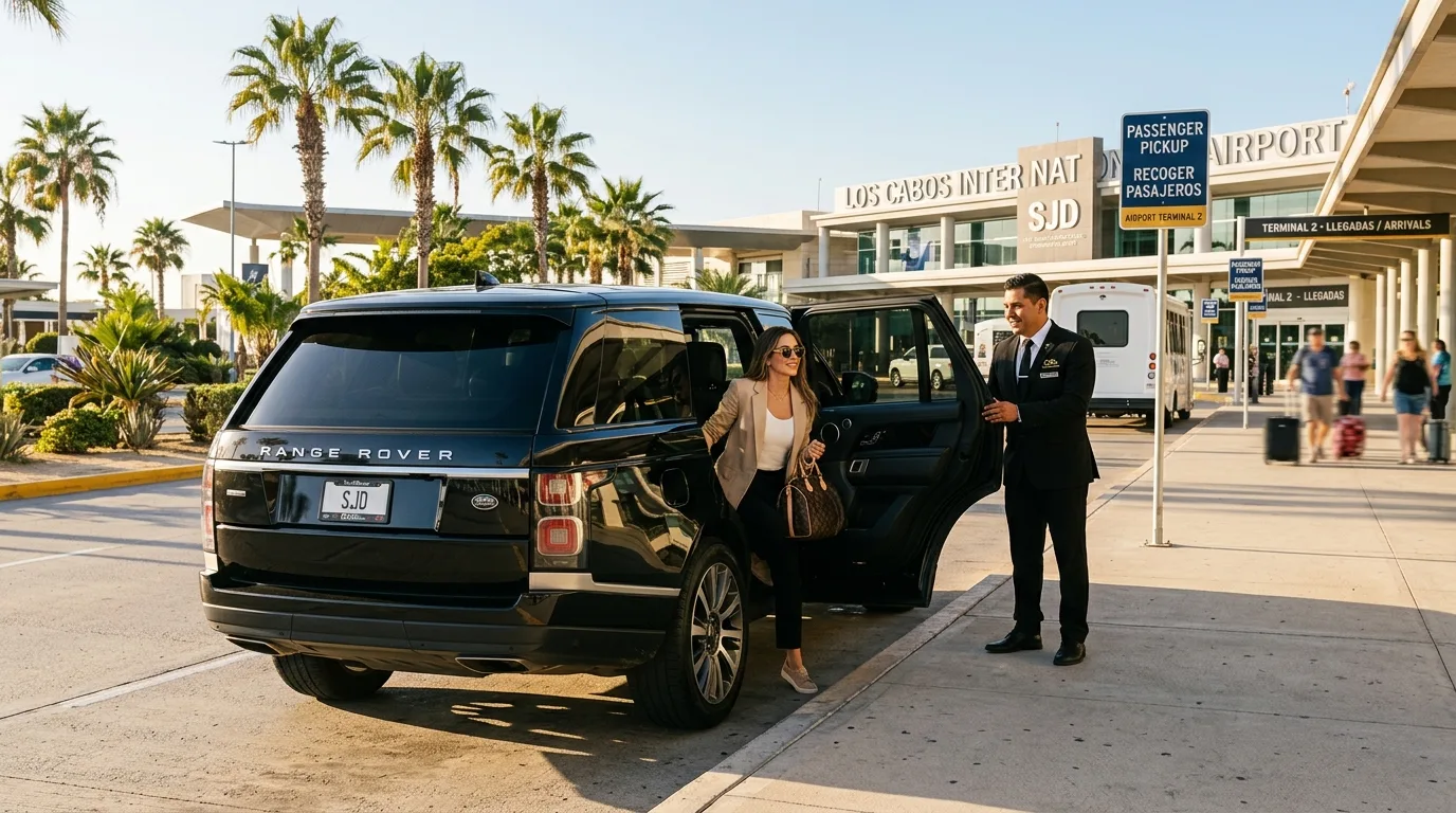 Luxury black SUV waiting for passengers at SJD Los Cabos Airport arrival terminal with palm trees in background