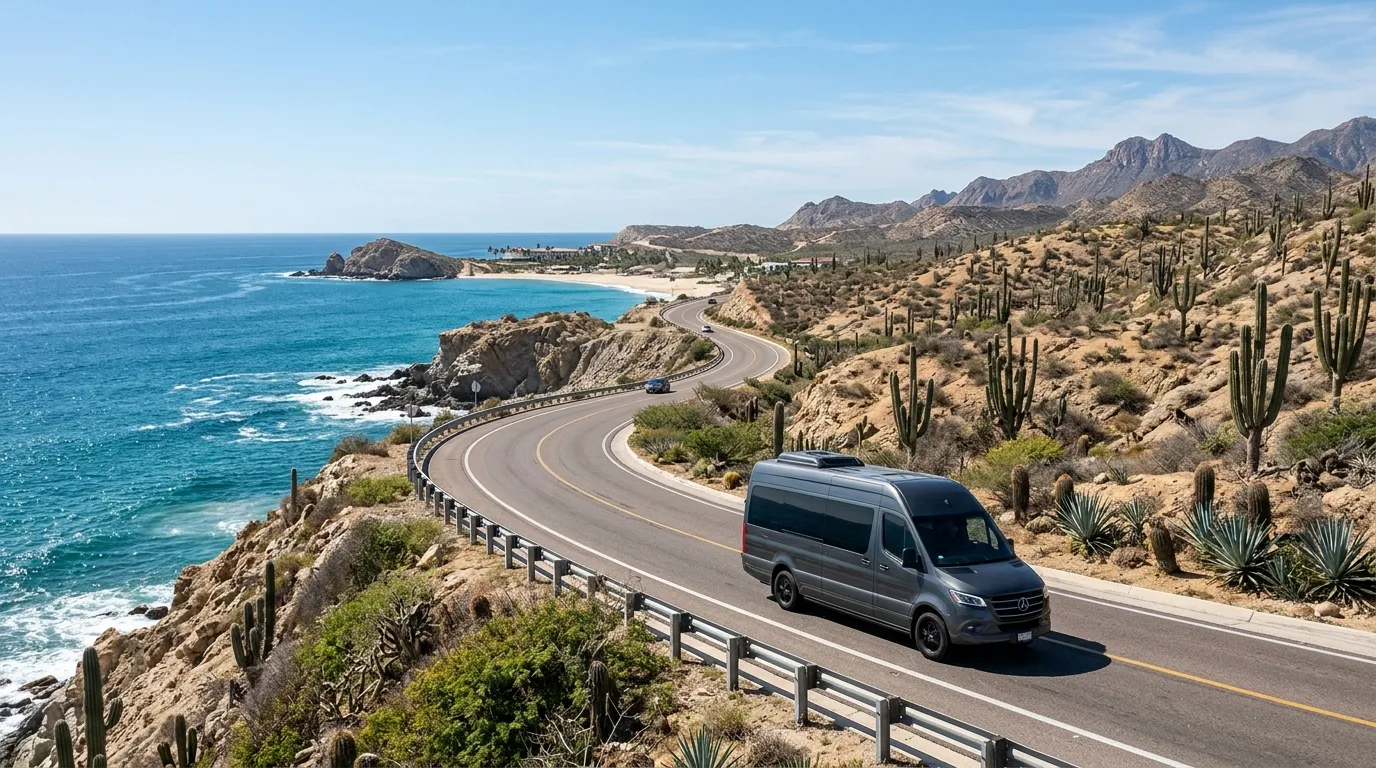 Private transfer vehicle driving on scenic Tourist Corridor highway in Los Cabos along ocean coastline