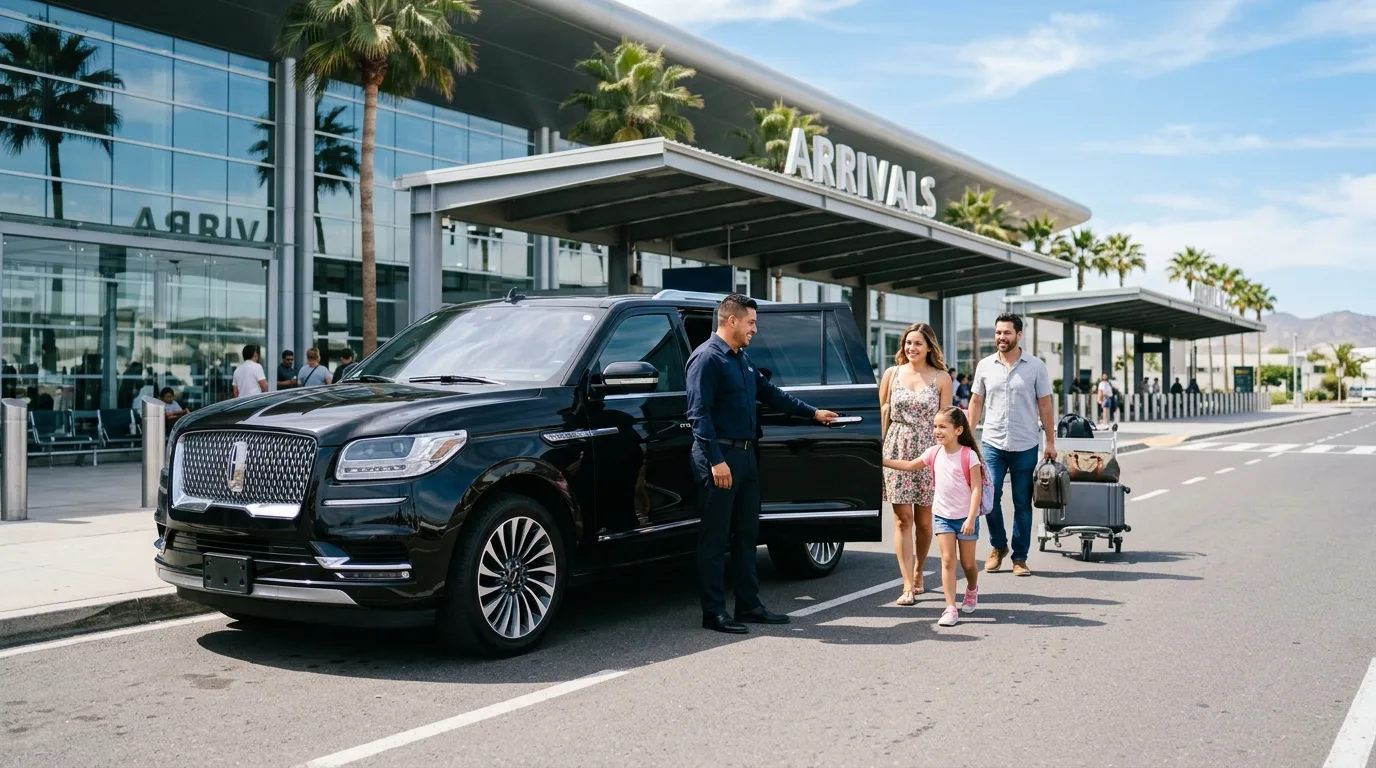 Private luxury SUV awaiting a family outside the terminal exit at Los Cabos International Airport SJD.