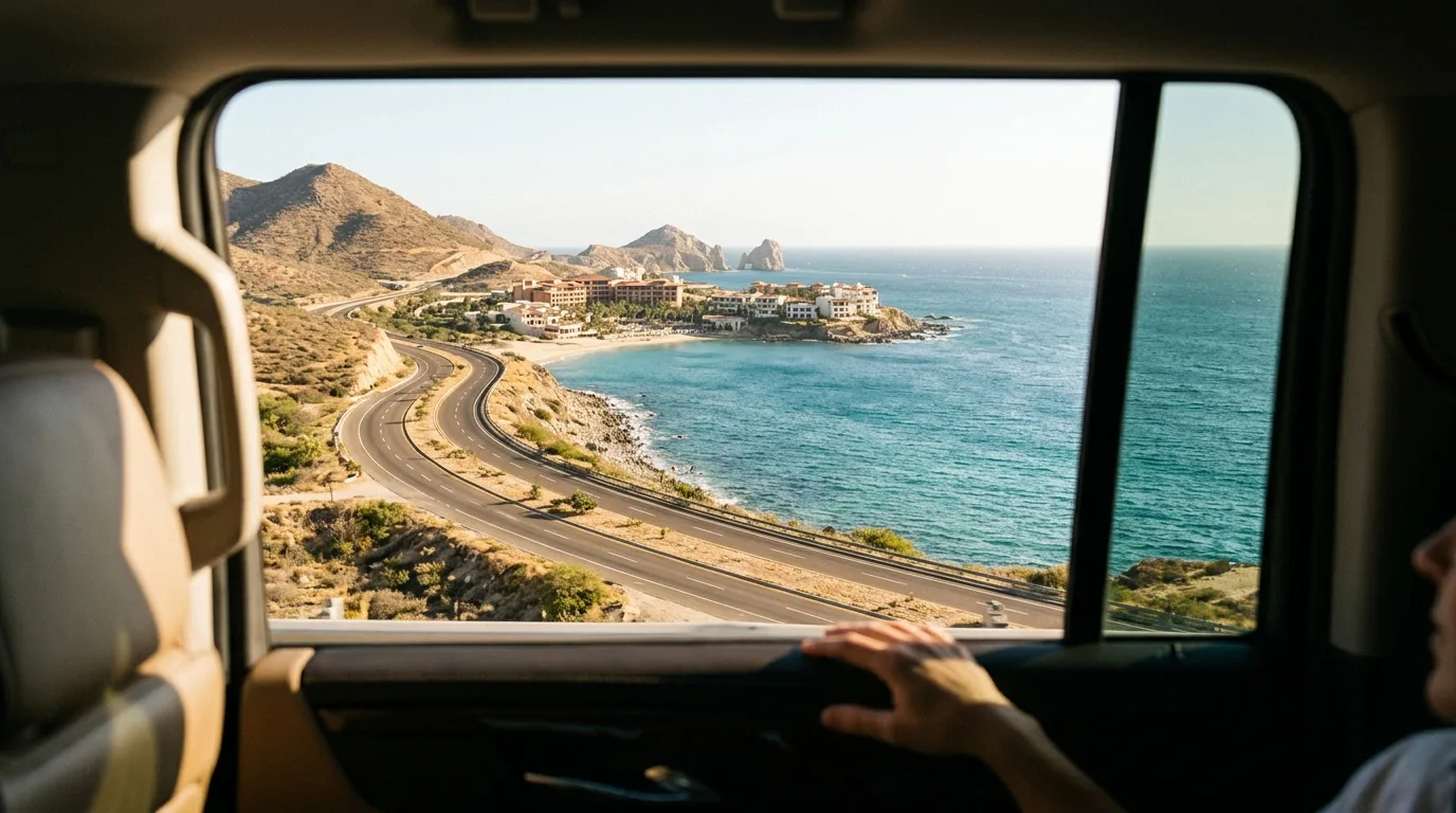 Spacious private transfer interior featuring clean seating and a installed child safety car seat for family travel in Cabo.