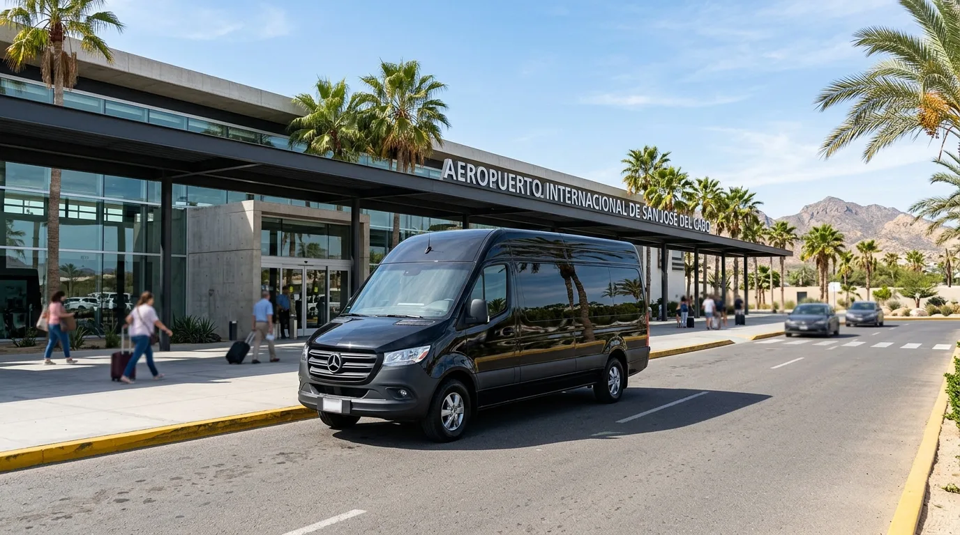 Modern high-capacity private transport van parked outside SJD Airport terminal in Los Cabos
