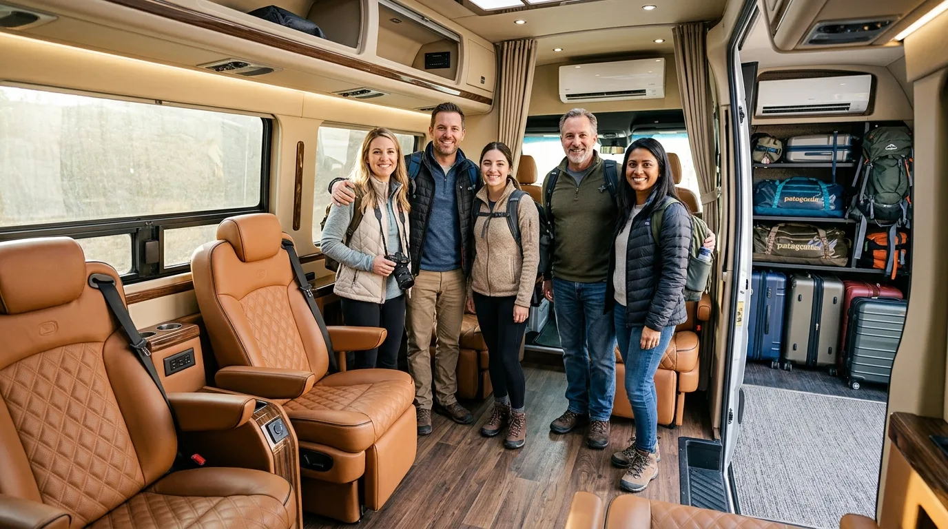 Comfortable luxury passenger van interior showing spacious seating for travel groups