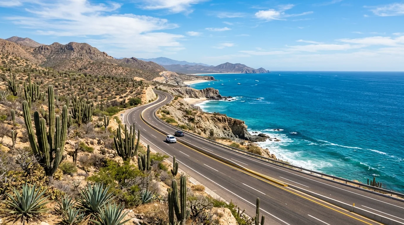 Panoramic view of the coastal highway connecting SJD Airport to Cabo San Lucas