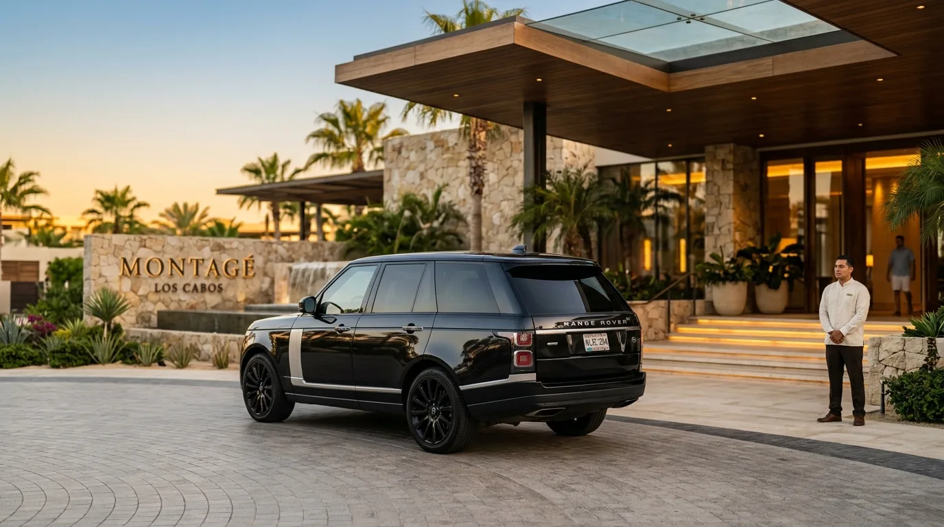 Luxury SUV airport transfer vehicle parked outside a premium Los Cabos resort.