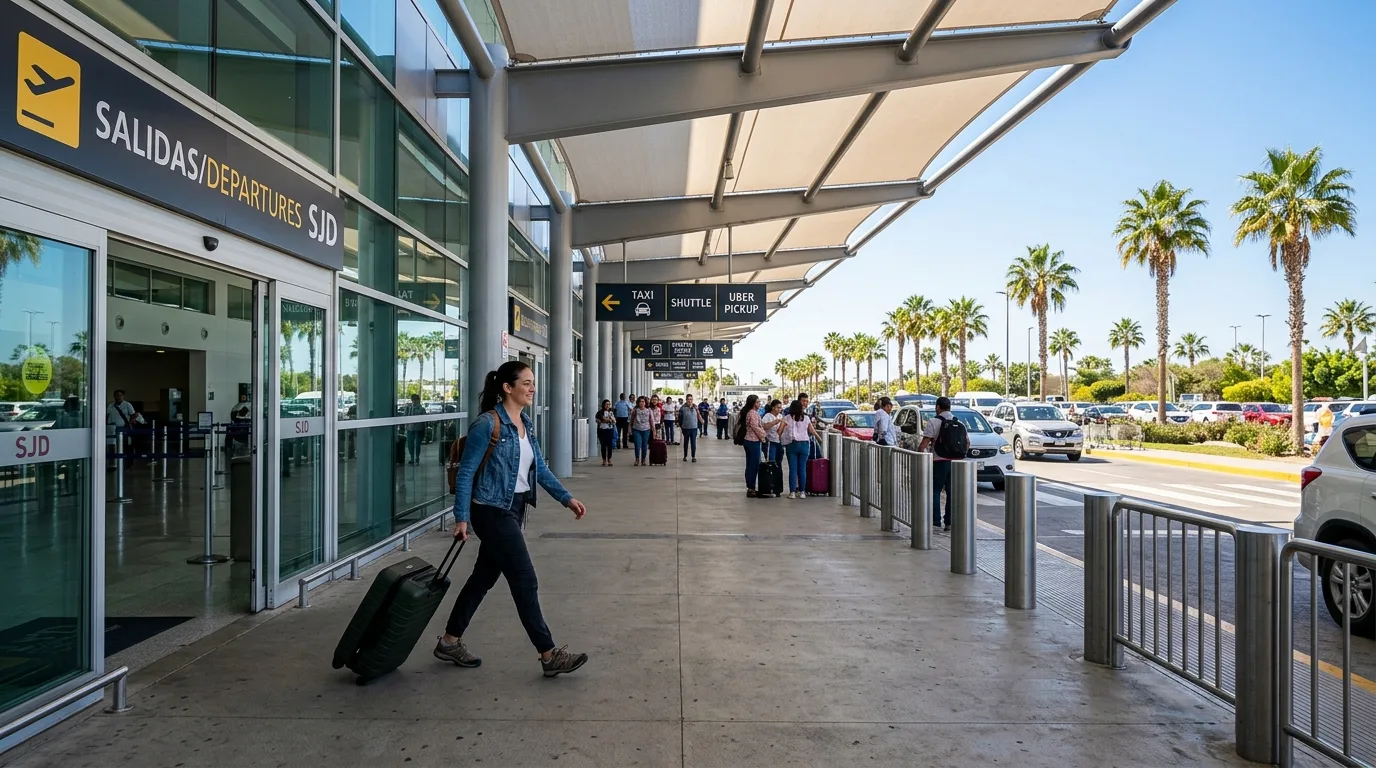 Traveler walking through the sunny outdoor exit area of SJD Airport Terminal 2.