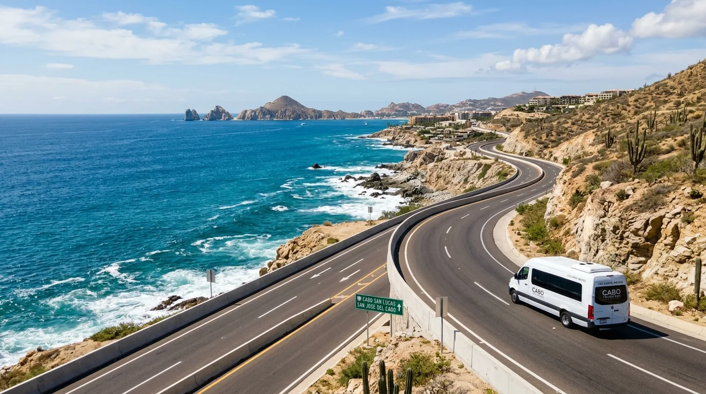 Vehicle traveling along scenic coastal Highway 1 in Los Cabos toward Cabo San Lucas.