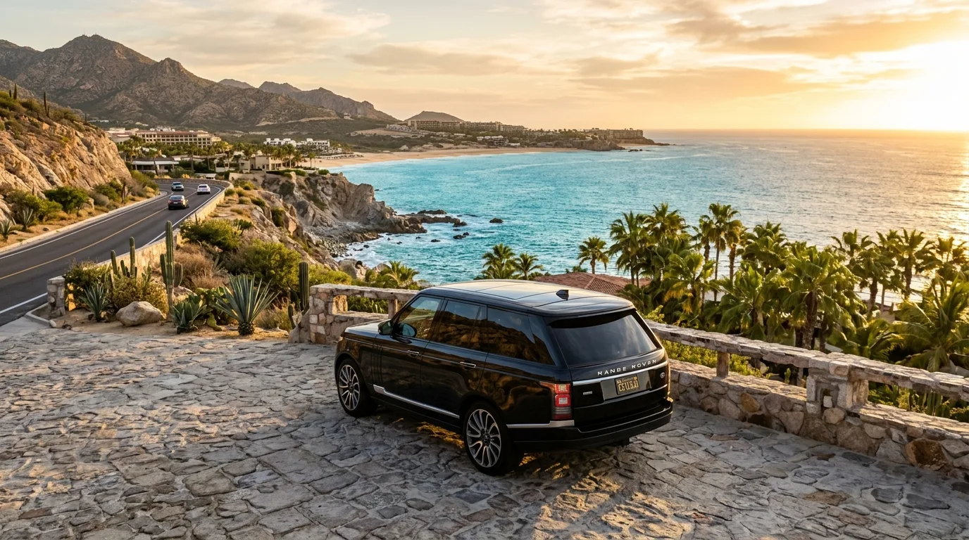 Luxury vehicle parked along the scenic coastal highway in Los Cabos during sunset
