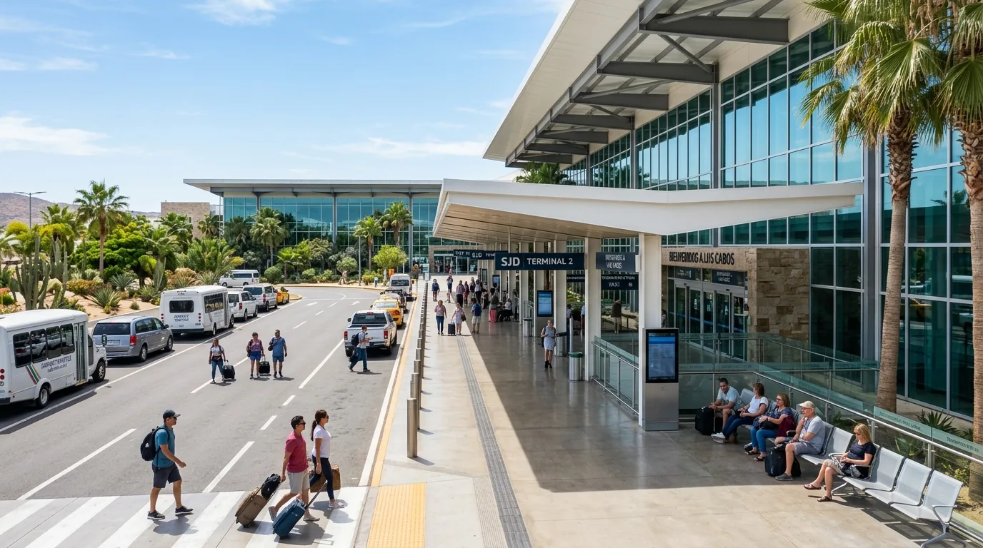 Exterior passenger terminal and shaded pickup zone at SJD International Airport in Los Cabos