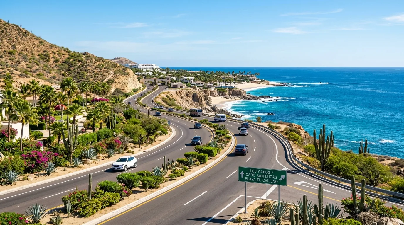 Paved coastal highway in Los Cabos leading towards luxury oceanfront resorts